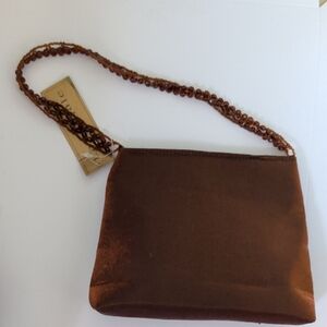 NWT Elegant Brown Silk Beaded Handle Bag